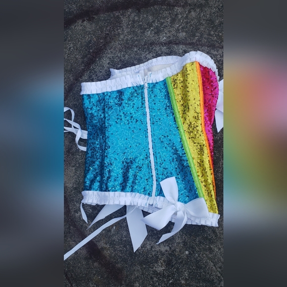 BS Lingerie Pride / Fairy / Rainbow boned corset waist cincher with white bows - Picture 2 of 7